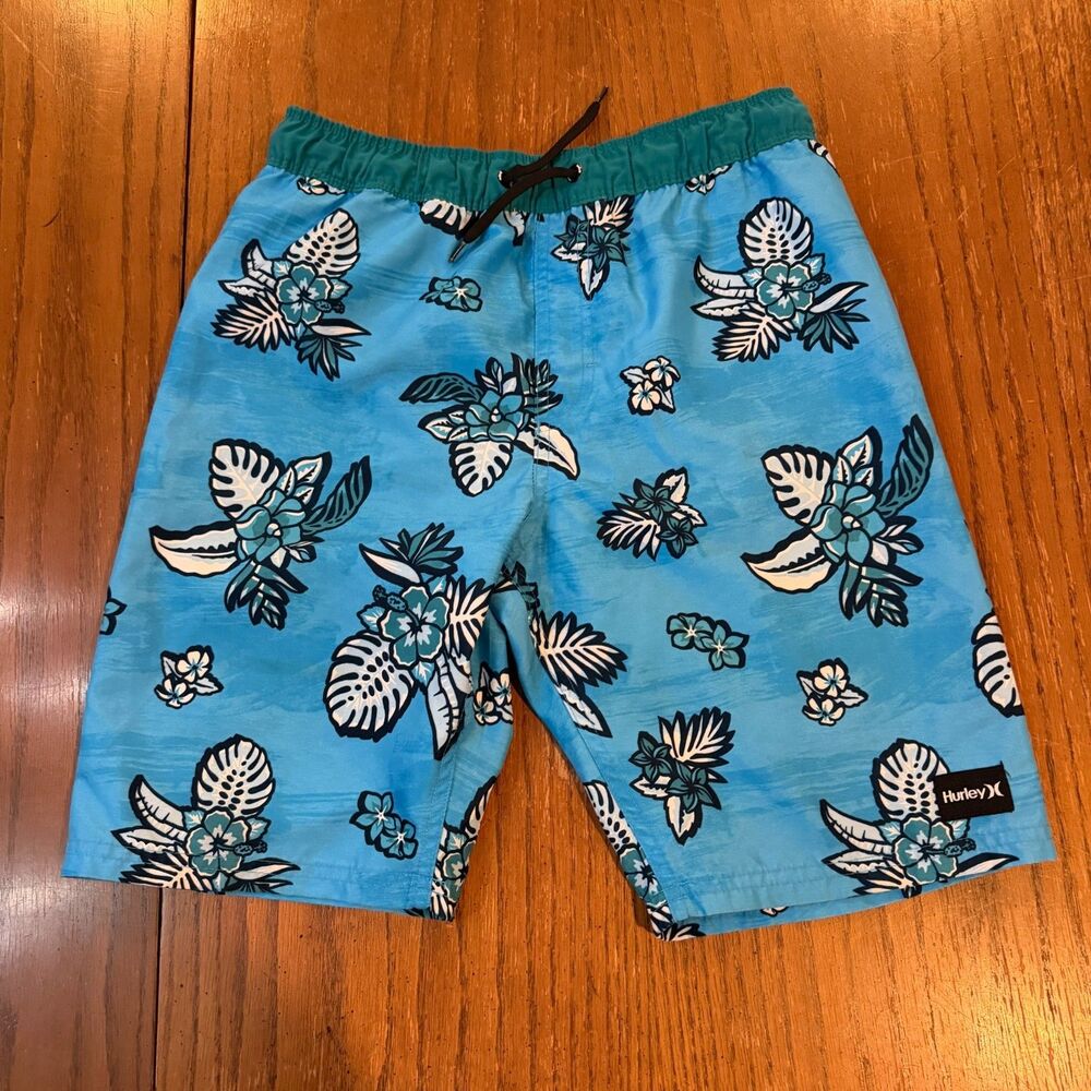 Hurley Tropical Floral Swim Trunks Blue Youth Large Board Shorts Beach